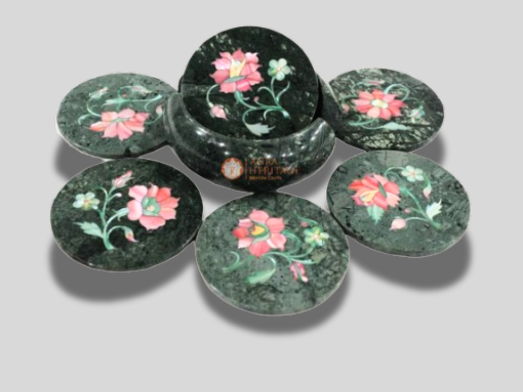 Green Round Marble Coaster Set Pink Floral Inlay Art Gifts